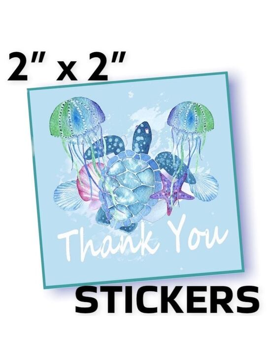 Mailers And More Other - 100 (2x2 Inch) Square Stickers, Sea Turtle & Jellyfish High Gloss, Thank You